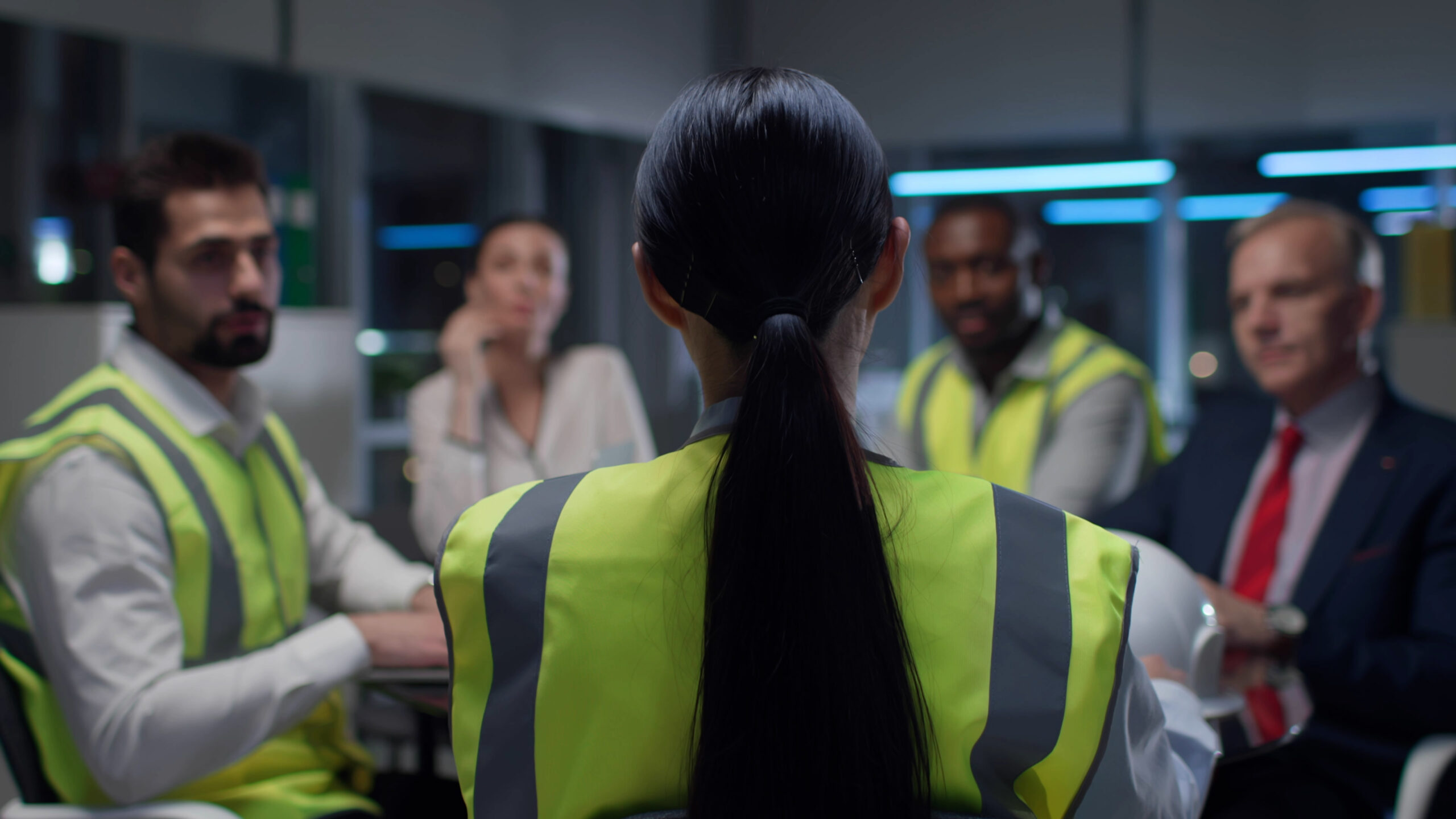 Back view of female engineer leading meeting with contractors in modern office. Multiethnic construction company team discuss project late in office