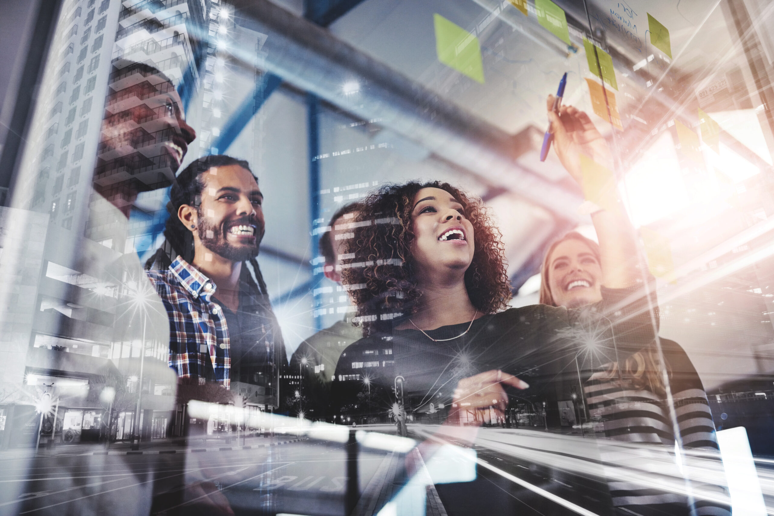 Double exposure, city and employees in glass board for strategy with teamwork, collaboration and planning. People, smile and brainstorming with ideas, solution and vision for project in office.